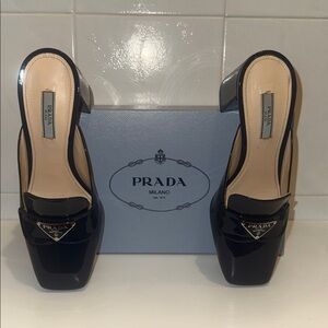 PRADA Women's Patent Leather Loafer Mules - Royal (Navy Blue)